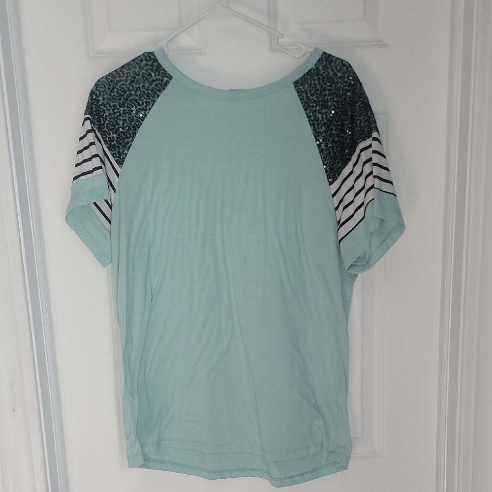 Mint Green T-Shirt with Black Sequin Sleeves